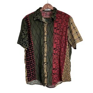Vatpave Men's Retro Boho Batik Geometric Cotton Short Sleeve Button Up Large